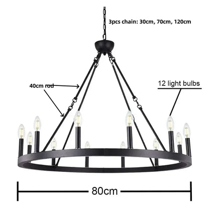 Modern brass double tier pendant chandelier with black wrought iron ring and 12 candle-style black metal led bulbs by decorbites