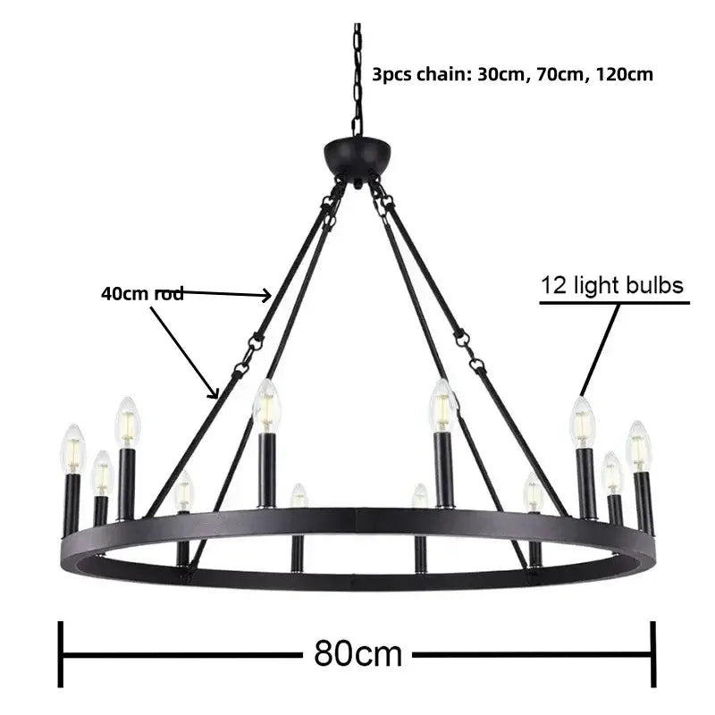 Modern brass double tier pendant chandelier with black wrought iron ring and 12 candle-style black metal led bulbs by decorbites