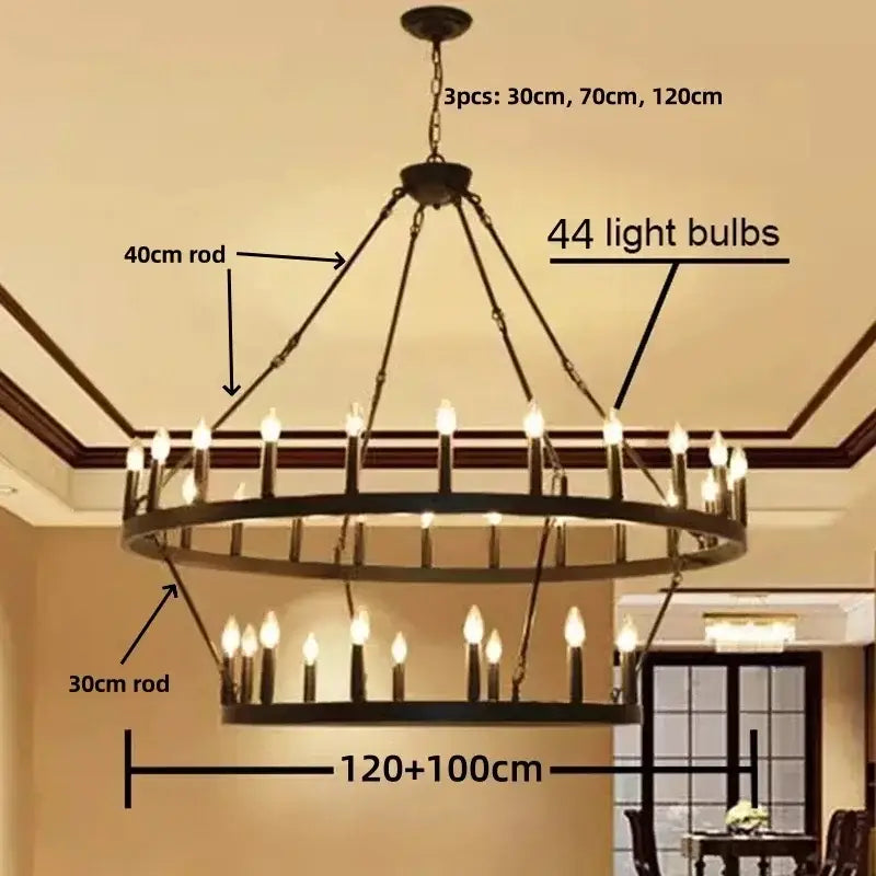 Modern brass double tier pendant chandelier in black wrought iron with 44 candle-style bulbs for decorbites black metal LED lighting