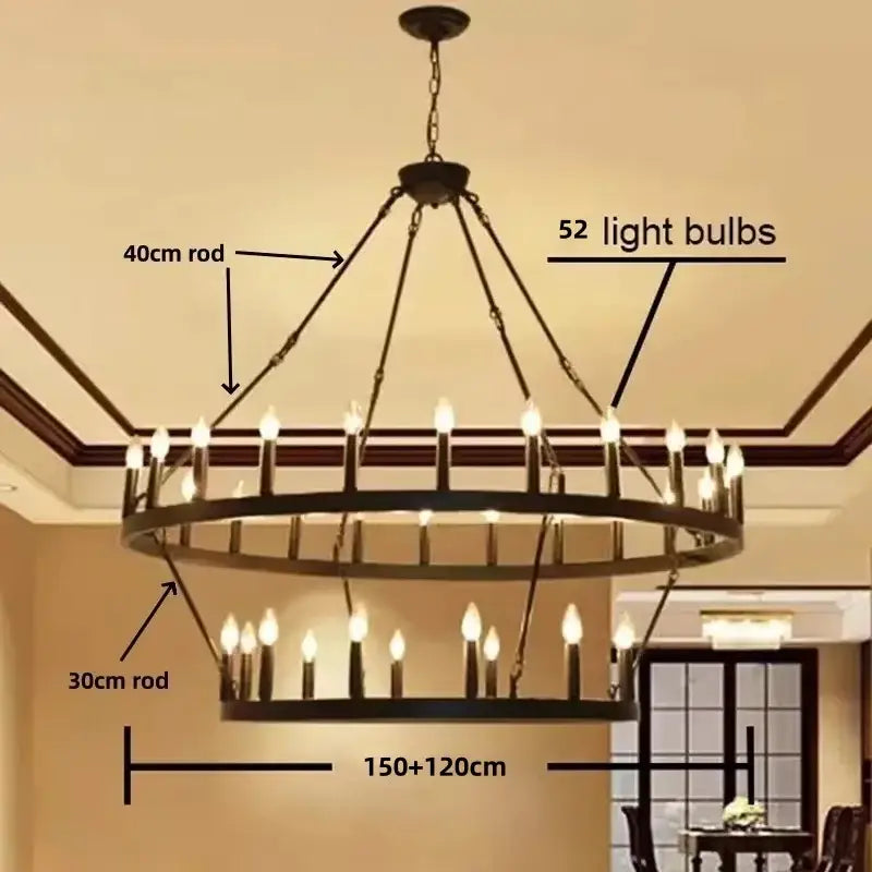 Black wrought iron pendant chandelier with two circular tiers and candle-style bulbs for modern living room decorbites black metal
