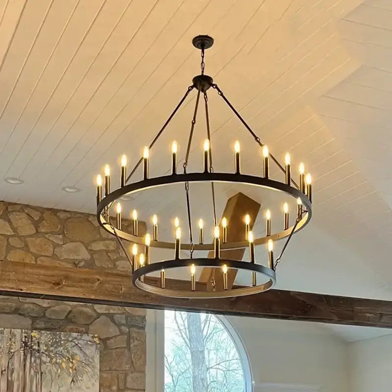 Modern brass double tier pendant chandelier featuring black metal led candle bulbs for stylish living room decorbites decor