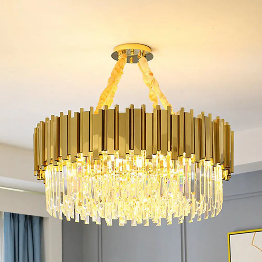 Modern Brass Drum Chandelier with Crystal Prism Shade - Simple Style Suspension Light