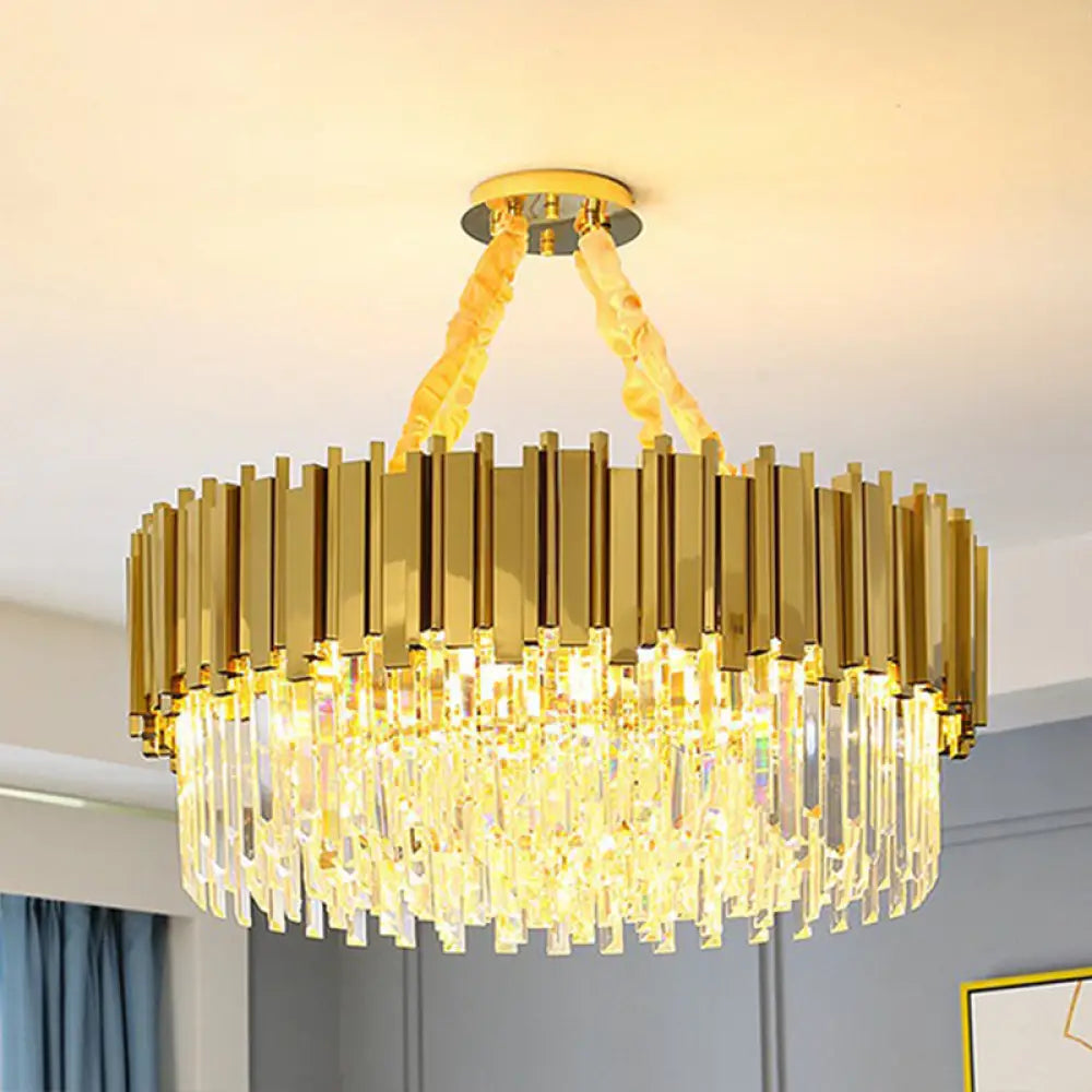 Modern Brass Drum Chandelier with Crystal Prism Shade - Simple Style Suspension Light