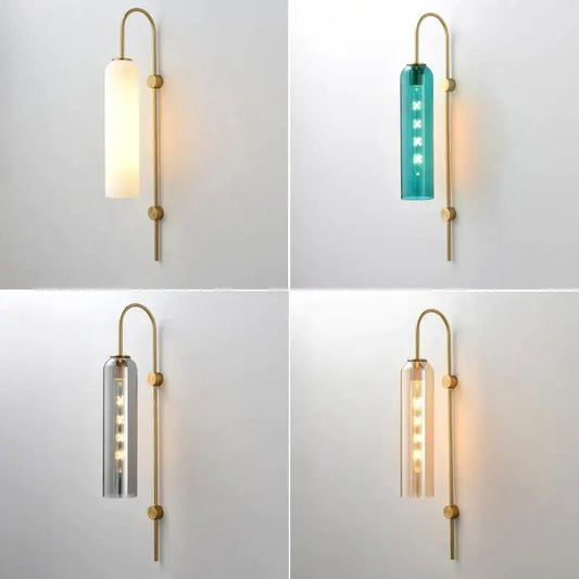 Modern brass e27 glass wall light with cylindrical glass shade in white teal gray or amber tones for bedroom use