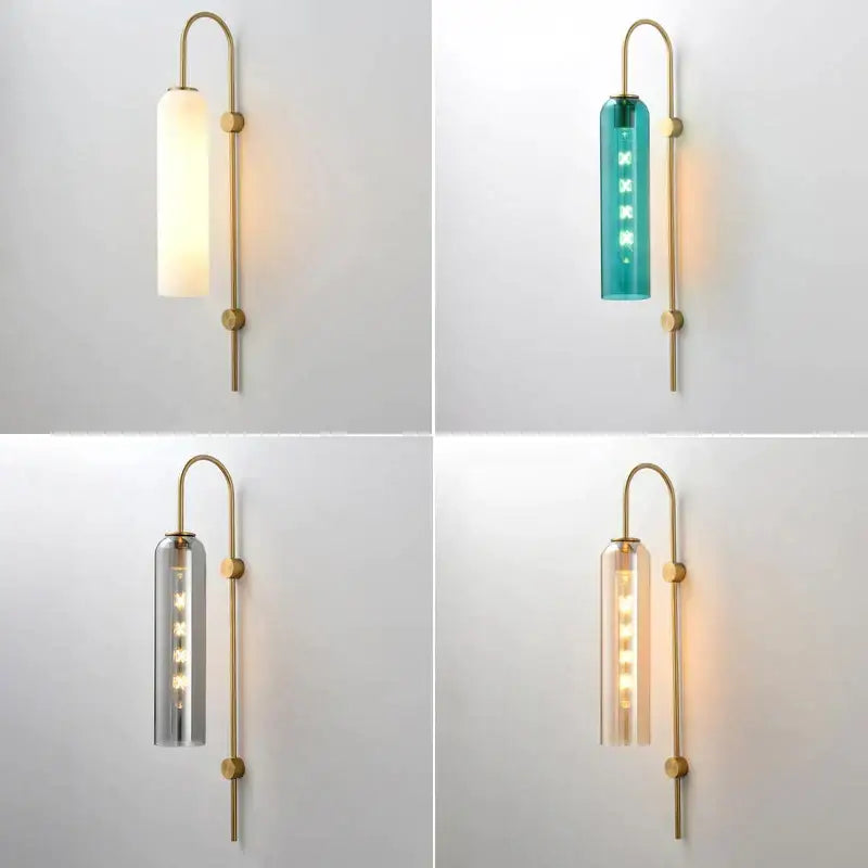 Modern brass e27 glass wall light with cylindrical glass shade in white teal gray or amber tones for bedroom use
