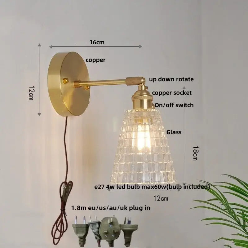 Modern brass e27 led wall sconce with brass finish and textured glass shade for bedroom decorbites brass e27 lighting