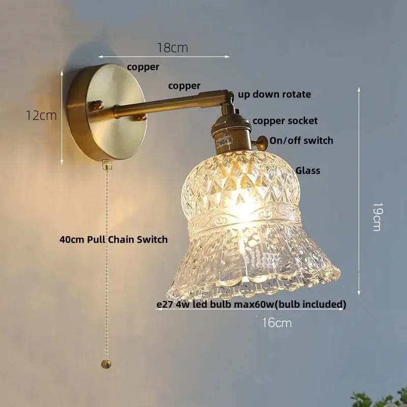 Modern brass e27 led wall sconce with antique brass finish, faceted crystal glass shade, and adjustable copper arm for bedroom decorbites brass e27