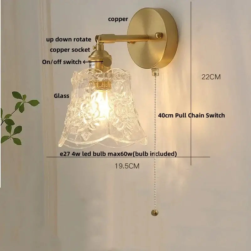 Modern brass e27 led wall sconce with antique brass finish, clear etched glass shade, and 40cm pull chain switch for bedroom decorbites brass e27