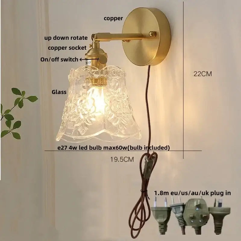 Modern brass e27 led wall sconce with antique brass finish and clear etched floral glass shade for bedroom decorbites brass e27