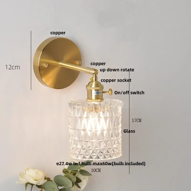 Modern brass e27 led wall sconce with clear faceted glass shade and brass copper-finished wall mount for bedroom decorbites brass e27