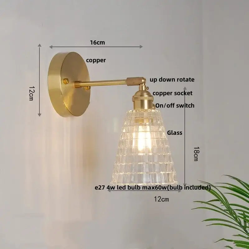 Modern brass e27 led wall sconce with copper finish and faceted glass shade for bedroom decorbites brass e27 lighting