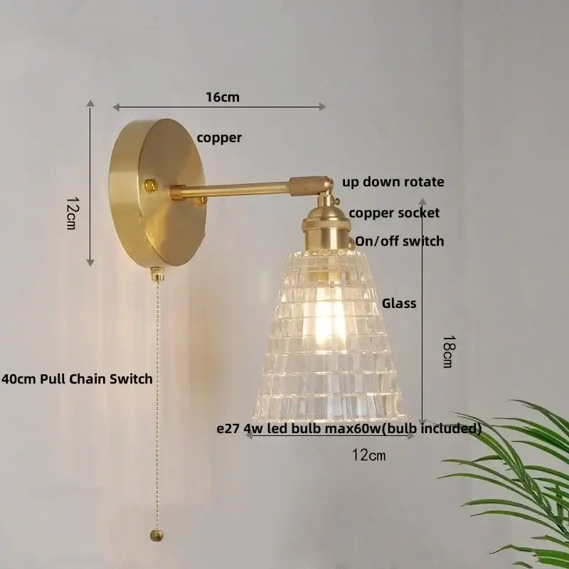 Modern brass e27 led wall sconce with copper finish, textured glass shade, and pull chain switch for bedroom decorbites brass e27