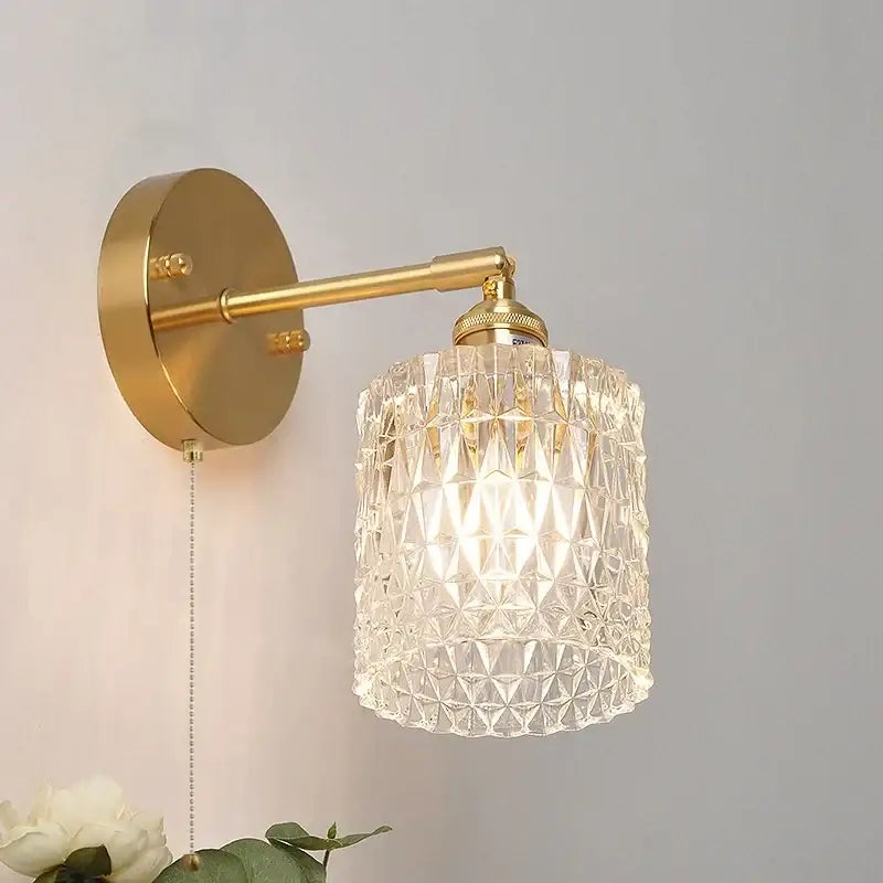Modern brass e27 led wall sconce with gold-toned brass finish and faceted crystal glass shade for bedroom decorbites brass e27