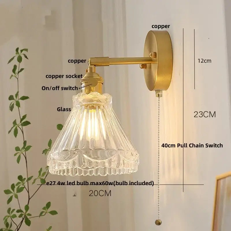 Modern brass e27 led wall sconce with brass copper finish and ornate faceted glass shade for bedroom decorbites brass e27