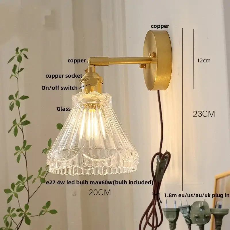 Modern brass e27 led wall sconce with vintage-style brass copper finish and ornate faceted glass shade for bedroom decorbites brass e27