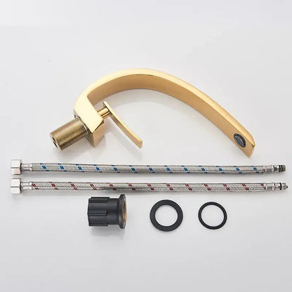 Modern brass faucet with gold-toned finish and sleek curved spout for faucet hot cold water mixer in bathroom vanity sink