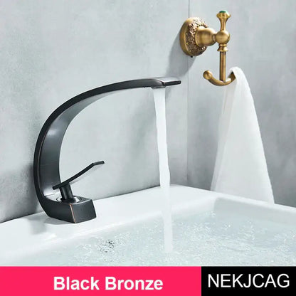 Modern brass faucet hot cold water mixer tap with black bronze waterfall design and single lever handle for bathroom vanity sink