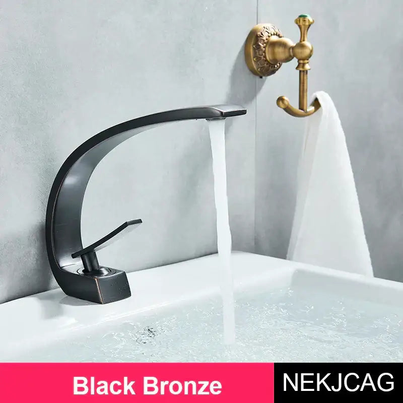 Modern brass faucet hot cold water mixer tap with black bronze waterfall design and single lever handle for bathroom vanity sink
