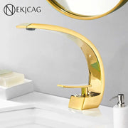 Modern brass faucet hot cold water mixer tap with sleek gold curved design and polished decorbites brass faucet finish
