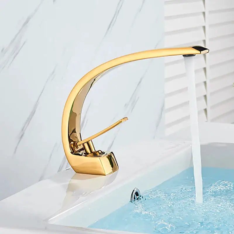 Modern brass faucet hot cold water mixer tap bathroom vanity sink with gold-colored sleek curved decorbites brass faucet design