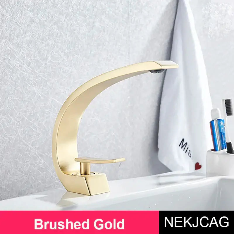 Modern brass faucet brushed gold with sleek curved design brass faucet hot cold mixer tap for bathroom vanity sink