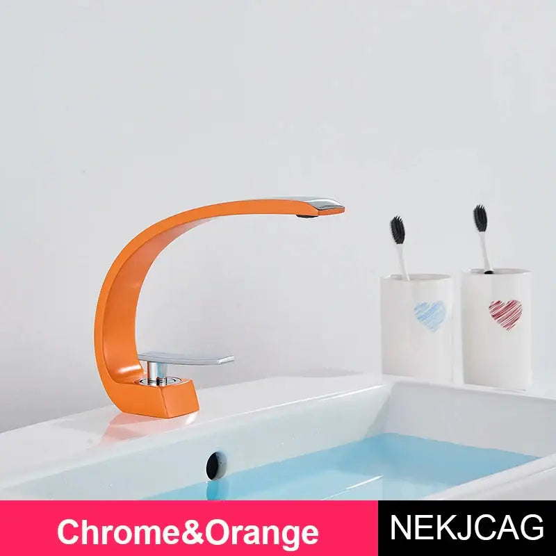 Modern brass faucet hot cold water mixer tap bathroom vanity sink with orange and chrome curved decorbites brass faucet design