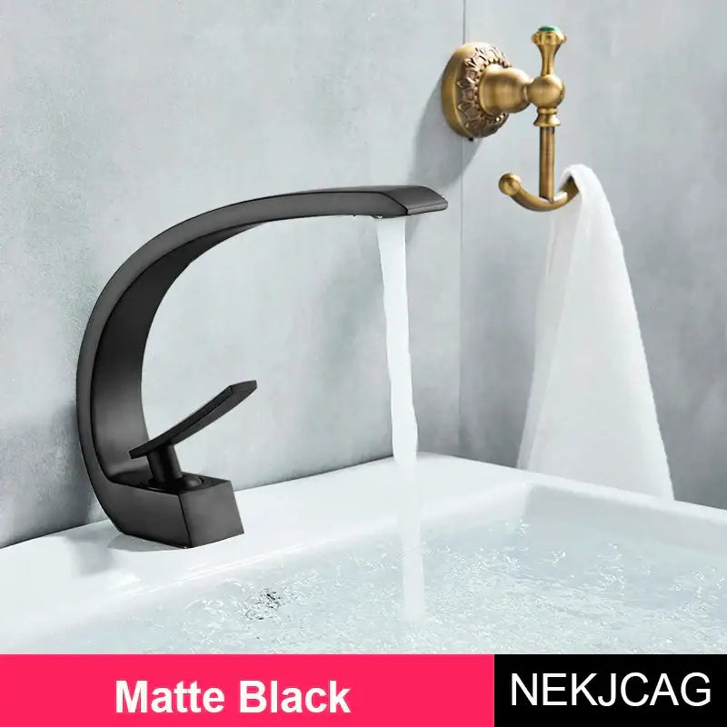 Matte black modern brass faucet with sleek curved design and integrated handle for bathroom vanity sink decorbites brass faucet