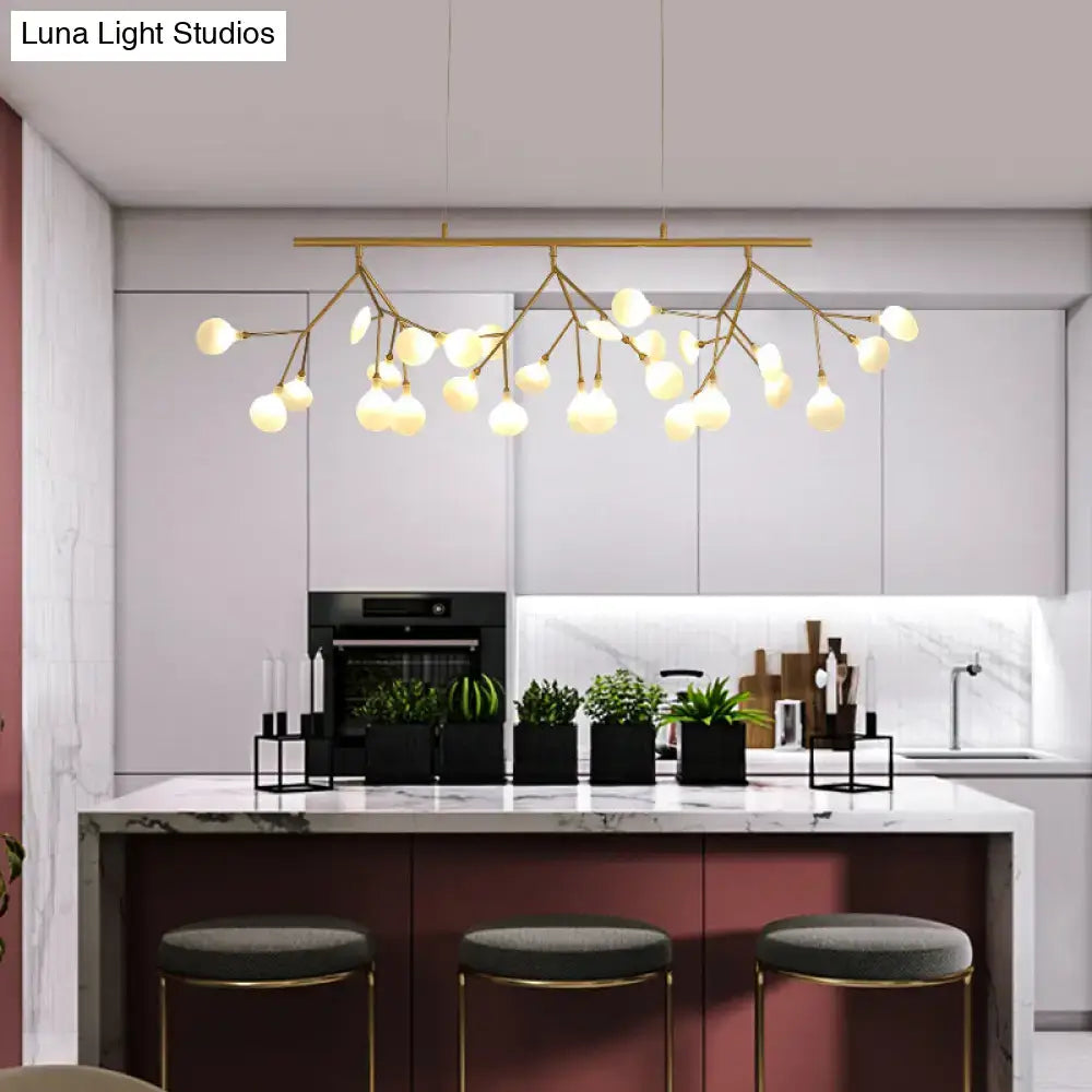 Decorbites 27-bulb island light with brass finish and frosted glass shade in minimalist branch design for 220v-240v use