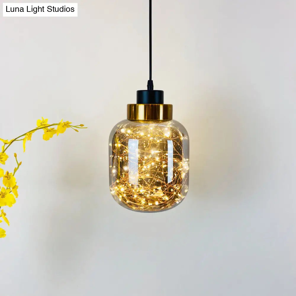 Modern Brass Finish Glass Jar Pendant Light with LED String for Ceiling Hanging