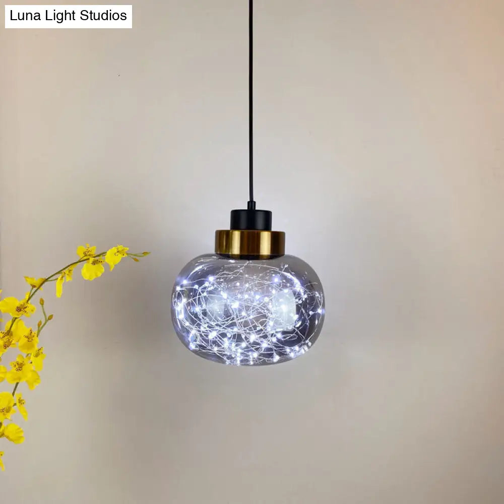 Modern Brass Finish Glass Jar Pendant Light with LED String for Ceiling Hanging