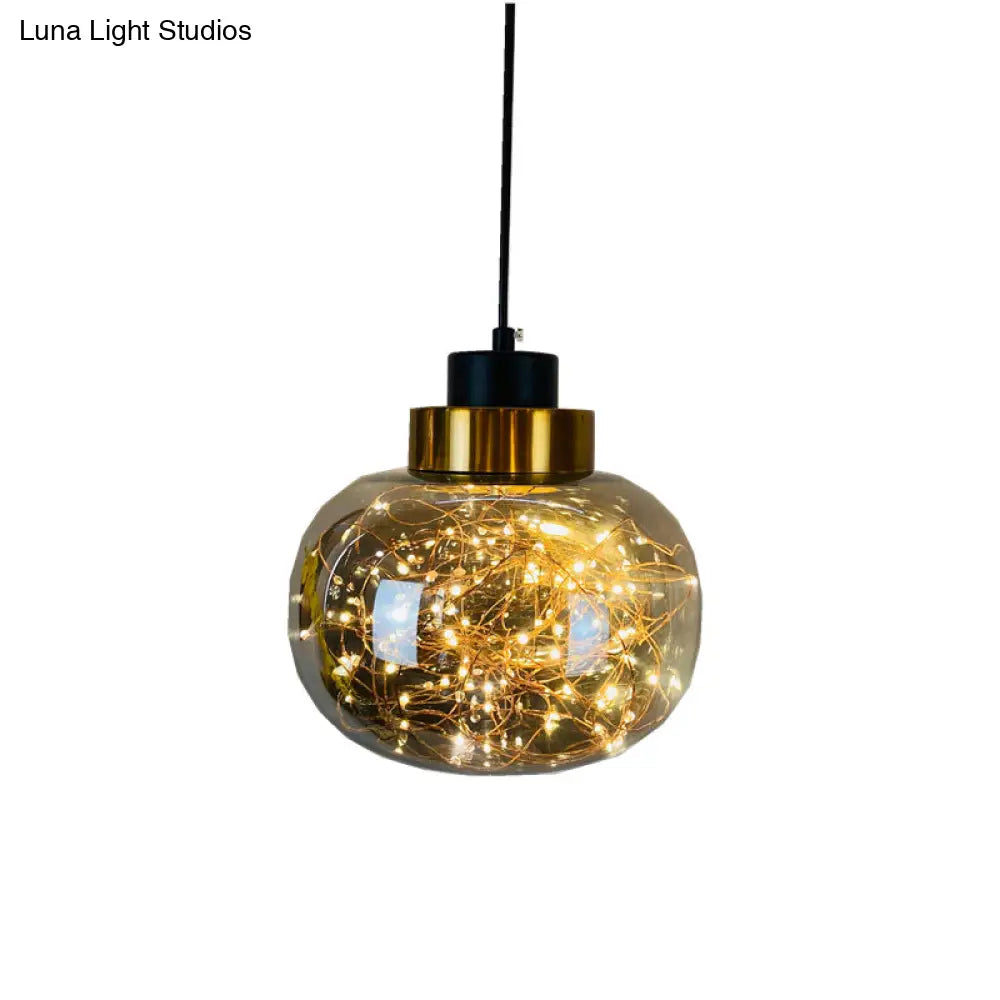 Modern Brass Finish Glass Jar Pendant Light with LED String for Ceiling Hanging