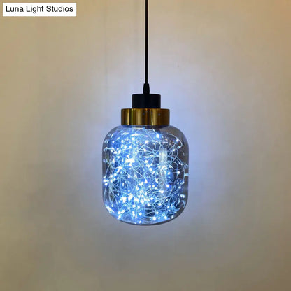 Modern Brass Finish Glass Jar Pendant Light with LED String for Ceiling Hanging