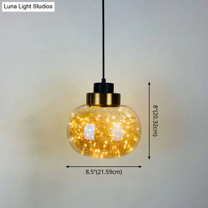 Modern Brass Finish Glass Jar Pendant Light with LED String for Ceiling Hanging