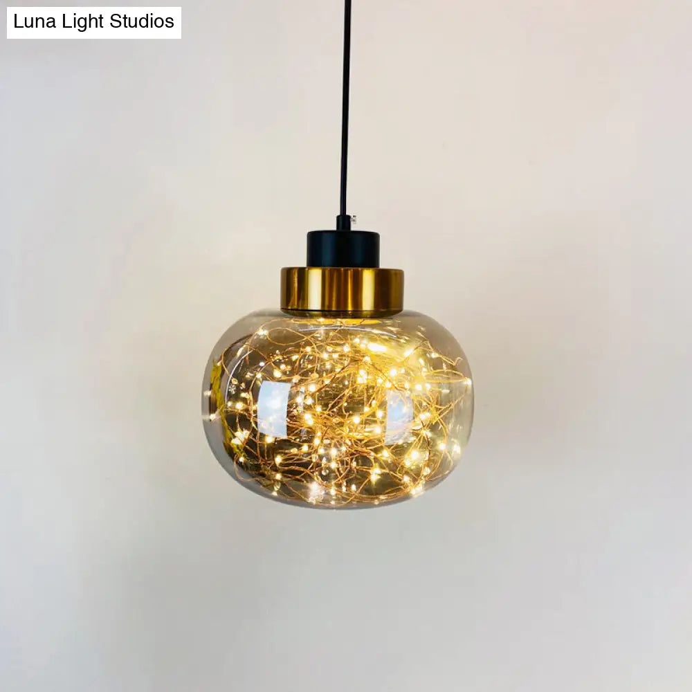 Modern Brass Finish Glass Jar Pendant Light with LED String for Ceiling Hanging