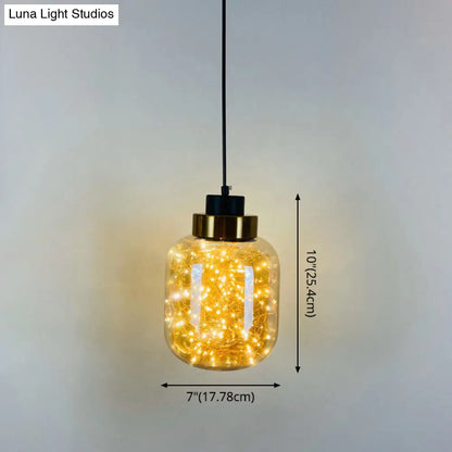 Modern Brass Finish Glass Jar Pendant Light with LED String for Ceiling Hanging