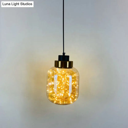 Modern Brass Finish Glass Jar Pendant Light with LED String for Ceiling Hanging