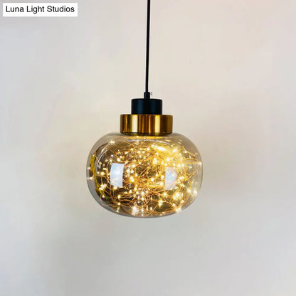 Modern Brass Finish Glass Jar Pendant Light with LED String for Ceiling Hanging