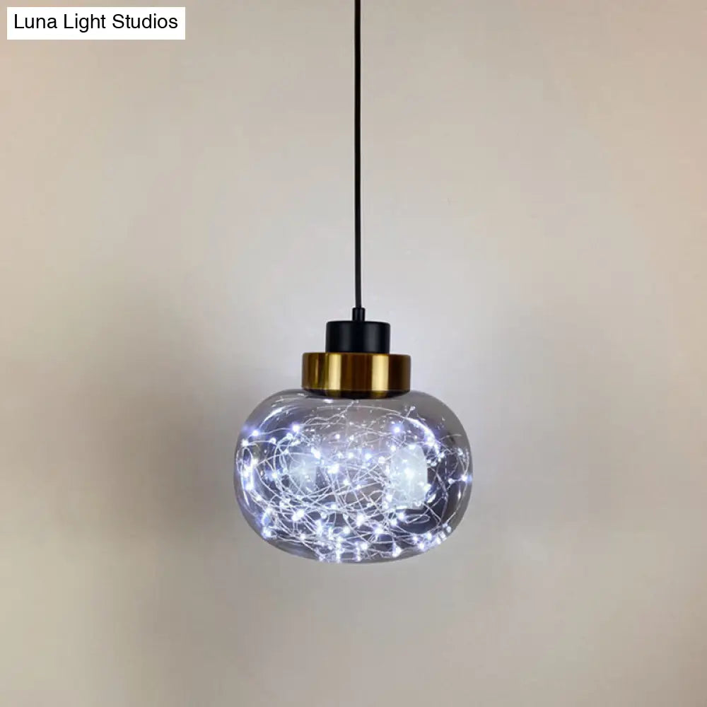 Modern Brass Finish Glass Jar Pendant Light with LED String for Ceiling Hanging