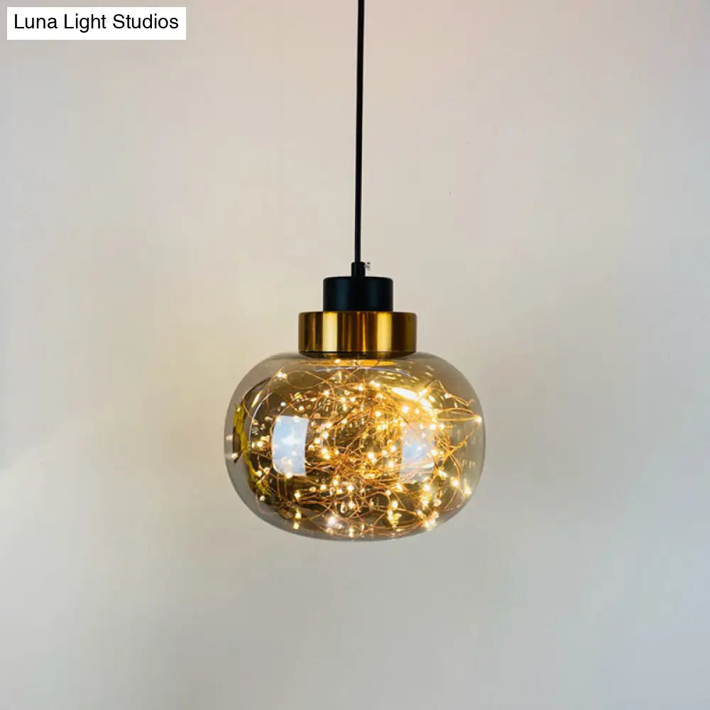 Modern Brass Finish Glass Jar Pendant Light with LED String for Ceiling Hanging