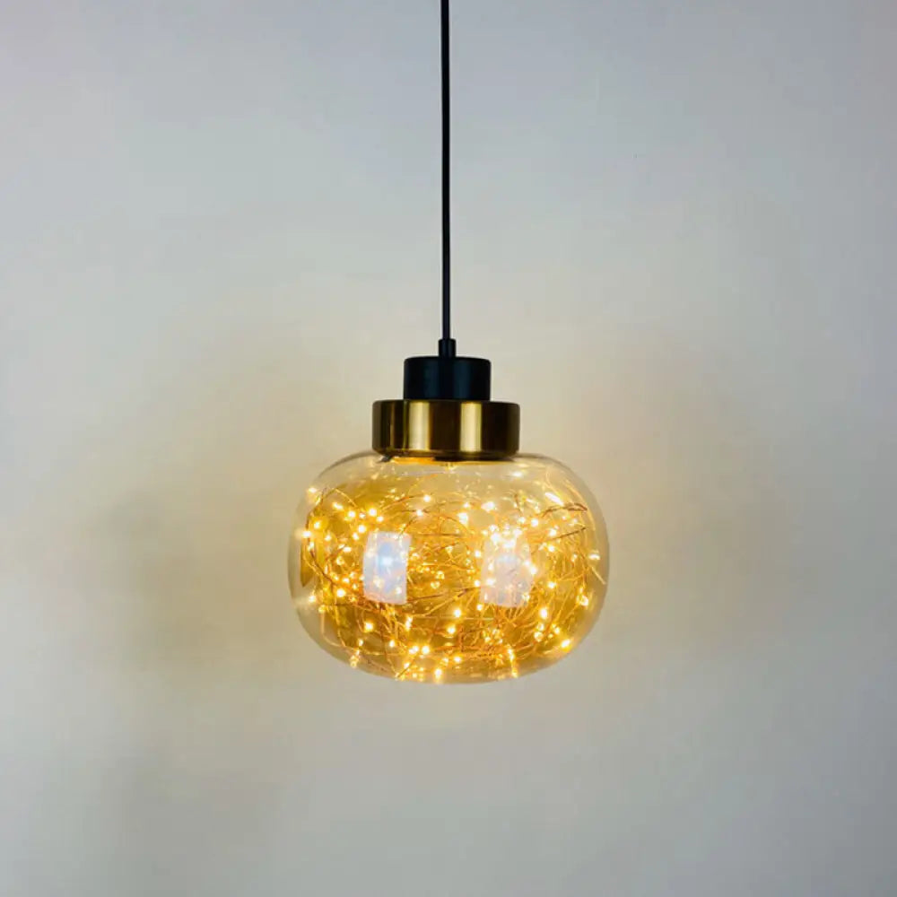 Modern Brass Finish Glass Jar Pendant Light with LED String for Ceiling Hanging