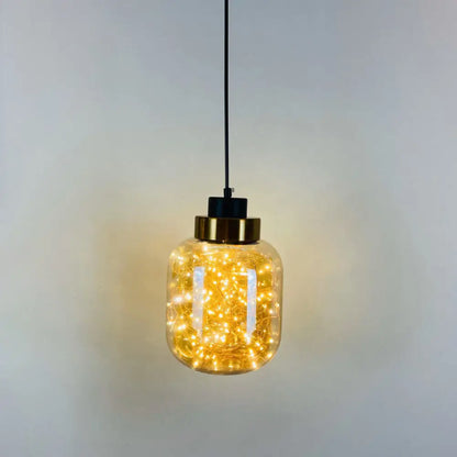 Modern Brass Finish Glass Jar Pendant Light with LED String for Ceiling Hanging