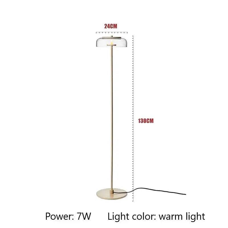 Modern brass floor lamp with slender gold-toned stand and glass lampshade ideal for living room decorbites circular glass