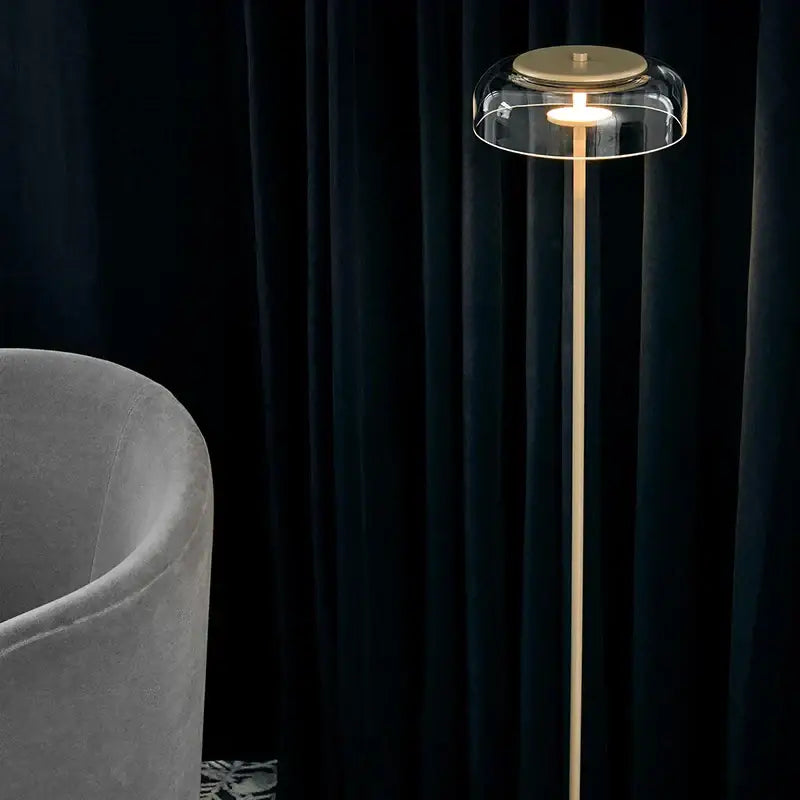 Modern brass floor lamp with slender gold-toned stem and clear glass lampshade by decorbites circular glass for living room decor