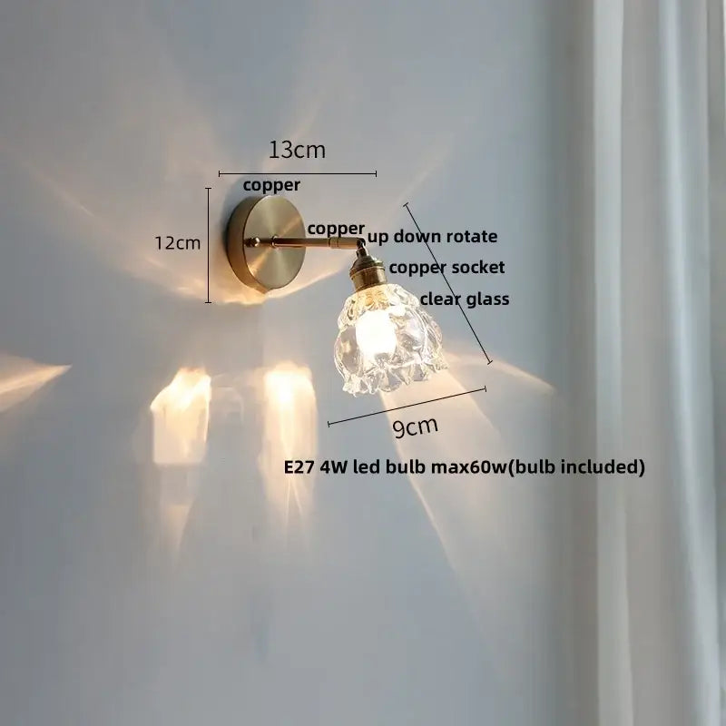 Modern brass floral wall sconce with copper finish and clear glass shade for stair light decorbites clear glass design
