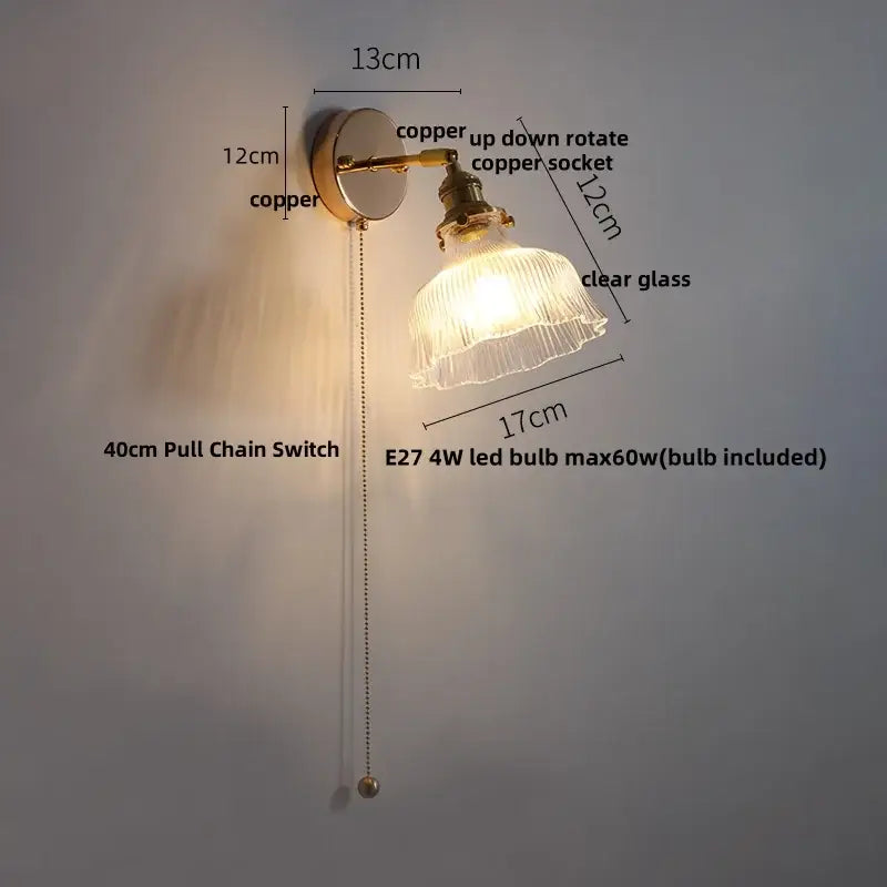 Modern brass floral wall sconce with copper finish clear ribbed glass shade and e27 4w led bulb decorbites clear glass