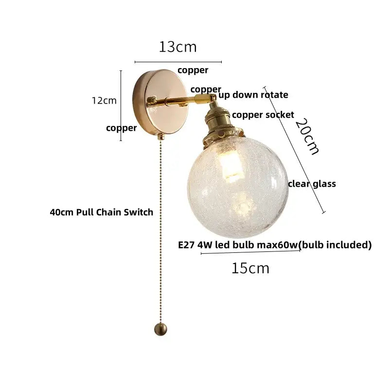 Vintage-style copper wall sconce with textured clear glass globe and led bulb for decorbites clear glass stair light
