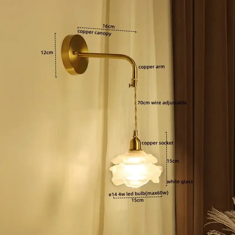 Copper wall sconce with a delicate white glass flower-shaped shade modern brass decorbites led wall bedroom light fixture