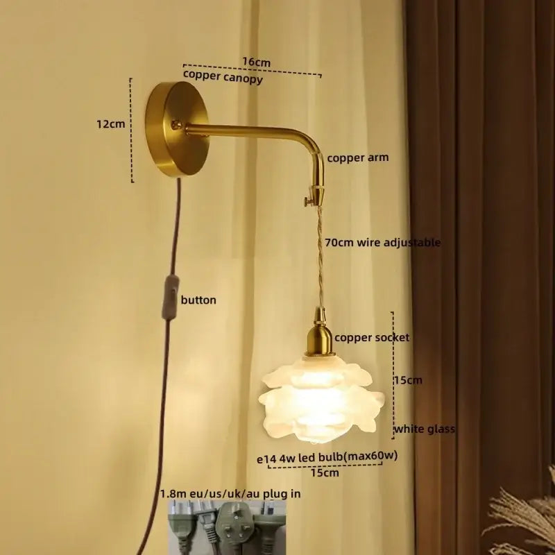 Modern brass wall sconce with copper finish and white flower-shaped glass shade for decorbites led wall lighting