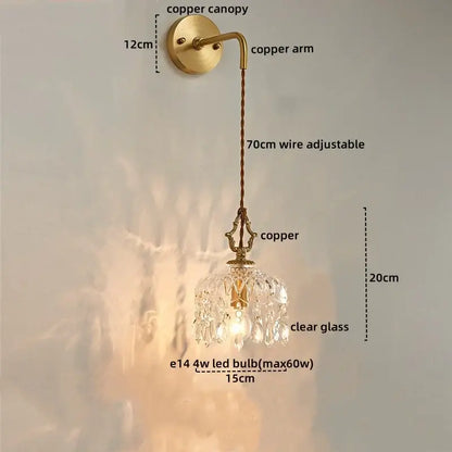 Modern brass flower glass led wall sconce with antique brass-finished copper and crystal pendant, adjustable 70cm wire decorbites led wall