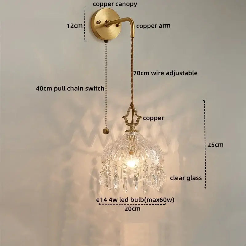 Antique brass copper wall sconce with clear glass chandelier shade and crystal droplets for modern bedroom led wall sconce decorbites